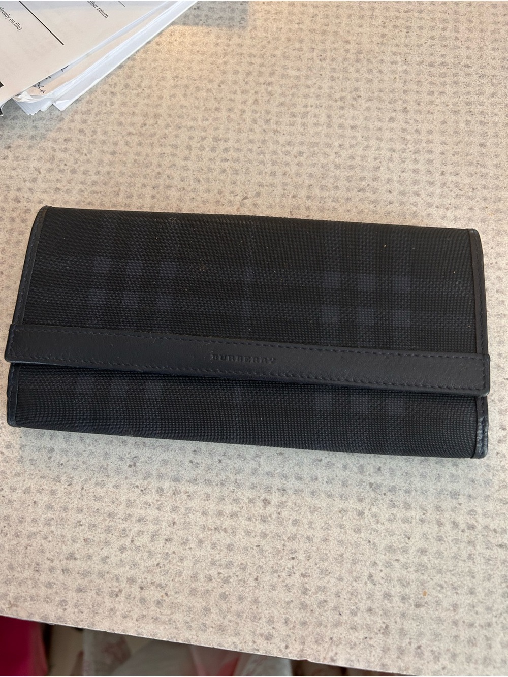 Burberry navy and black plaid tri fold wallet